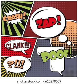 Abstract creative concept comic pop art style blank, layout template with clouds beams and isolated dots background. For sale banner, empty speech bubble set, vector illustration halftone book design