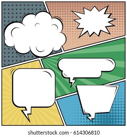 Abstract creative concept comic pop art style blank, layout template with clouds beams and isolated dots background. For sale banner, empty speech bubble set, vector illustration halftone book design