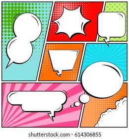 Abstract creative concept comic pop art style blank, layout template with clouds beams and isolated dots background. For sale banner, empty speech bubble set, vector illustration halftone book design