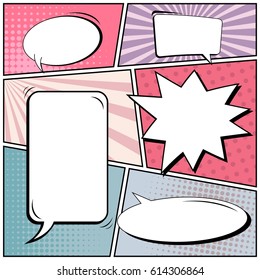 Abstract creative concept comic pop art style blank, layout template with clouds beams and isolated dots background. For sale banner, empty speech bubble set, vector illustration halftone book design