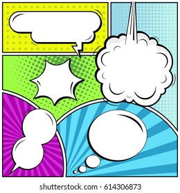 Abstract creative concept comic pop art style blank, layout template with clouds beams and isolated dots background. For sale banner, empty speech bubble set, vector illustration halftone book design