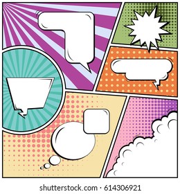Abstract creative concept comic pop art style blank, layout template with clouds beams and isolated dots background. For sale banner, empty speech bubble set, vector illustration halftone book design
