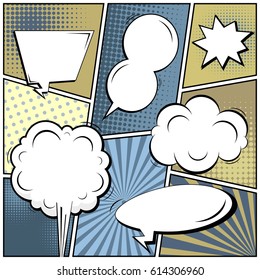 Abstract creative concept comic pop art style blank, layout template with clouds beams and isolated dots background. For sale banner, empty speech bubble set, vector illustration halftone book design