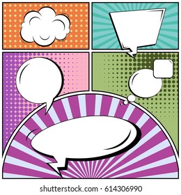 Abstract creative concept comic pop art style blank, layout template with clouds beams and isolated dots background. For sale banner, empty speech bubble set, vector illustration halftone book design