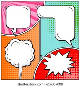 Abstract creative concept comic pop art style blank, layout template with clouds beams and isolated dots background. For sale banner, empty speech bubble set, vector illustration halftone book design