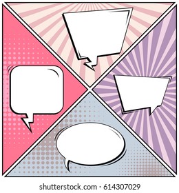 Abstract creative concept comic pop art style blank, layout template with clouds beams and isolated dots background. For sale banner, empty speech bubble set, vector illustration halftone book design