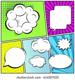 Abstract creative concept comic pop art style blank, layout template with clouds beams and isolated dots background. For sale banner, empty speech bubble set, vector illustration halftone book design