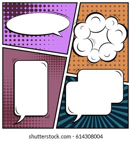 Abstract creative concept comic pop art style blank, layout template with clouds beams and isolated dots background. For sale banner, empty speech bubble set, vector illustration halftone book design