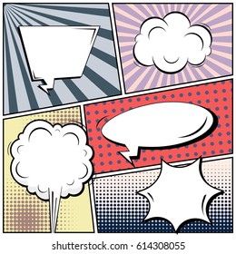 Abstract creative concept comic pop art style blank, layout template with clouds beams and isolated dots background. For sale banner, empty speech bubble set, vector illustration halftone book design
