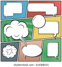 Abstract creative concept comic pop art style blank, layout template with clouds beams and isolated dots background. For sale banner, empty speech bubble set, vector illustration halftone book design