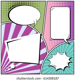 Abstract creative concept comic pop art style blank, layout template with clouds beams and isolated dots background. For sale banner, empty speech bubble set, vector illustration halftone book design