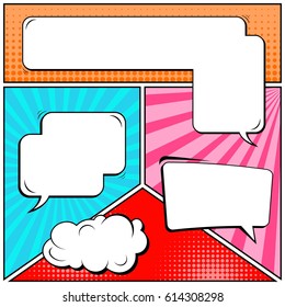 Abstract creative concept comic pop art style blank, layout template with clouds beams and isolated dots background. For sale banner, empty speech bubble set, vector illustration halftone book design