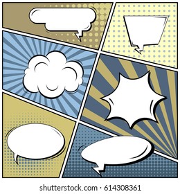 Abstract creative concept comic pop art style blank, layout template with clouds beams and isolated dots background. For sale banner, empty speech bubble set, vector illustration halftone book design