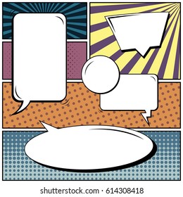Abstract creative concept comic pop art style blank, layout template with clouds beams and isolated dots background. For sale banner, empty speech bubble set, vector illustration halftone book design