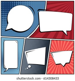 Abstract creative concept comic pop art style blank, layout template with clouds beams and isolated dots background. For sale banner, empty speech bubble set, vector illustration halftone book design