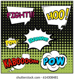 Abstract creative concept comic pop art style blank, layout template with clouds beams and isolated dots background. For sale banner, empty speech bubble set, vector illustration halftone book design