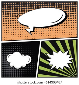 Abstract creative concept comic pop art style blank, layout template with clouds beams and isolated dots background. For sale banner, empty speech bubble set, vector illustration halftone book design