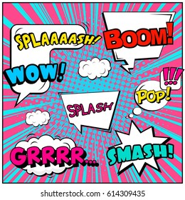 Abstract creative concept comic pop art style blank, layout template with clouds beams and isolated dots background. For sale banner, empty speech bubble set, vector illustration halftone book design