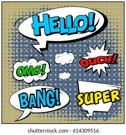 Abstract creative concept comic pop art style blank, layout template with clouds beams and isolated dots background. For sale banner, empty speech bubble set, vector illustration halftone book design