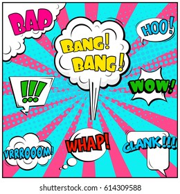 Abstract creative concept comic pop art style blank, layout template with clouds beams and isolated dots background. For sale banner, empty speech bubble set, vector illustration halftone book design