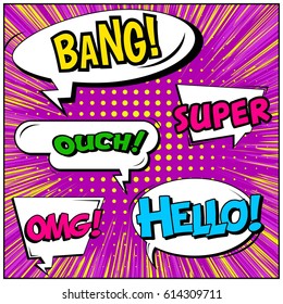 Abstract creative concept comic pop art style blank, layout template with clouds beams and isolated dots background. For sale banner, empty speech bubble set, vector illustration halftone book design