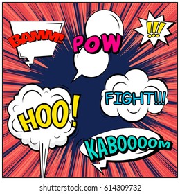 Abstract creative concept comic pop art style blank, layout template with clouds beams and isolated dots background. For sale banner, empty speech bubble set, vector illustration halftone book design