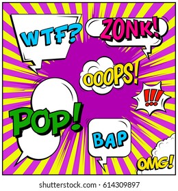 Abstract creative concept comic pop art style blank, layout template with clouds beams and isolated dots background. For sale banner, empty speech bubble set, vector illustration halftone book design