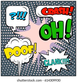Abstract creative concept comic pop art style blank, layout template with clouds beams and isolated dots background. For sale banner, empty speech bubble set, vector illustration halftone book design