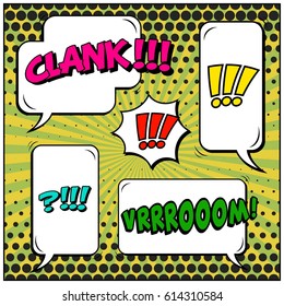 Abstract creative concept comic pop art style blank, layout template with clouds beams and isolated dots background. For sale banner, empty speech bubble set, vector illustration halftone book design