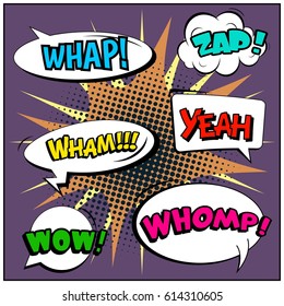 Abstract creative concept comic pop art style blank, layout template with clouds beams and isolated dots background. For sale banner, empty speech bubble set, vector illustration halftone book design