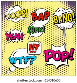Abstract creative concept comic pop art style blank, layout template with clouds beams and isolated dots background. For sale banner, empty speech bubble set, vector illustration halftone book design