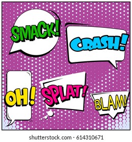 Abstract creative concept comic pop art style blank, layout template with clouds beams and isolated dots background. For sale banner, empty speech bubble set, vector illustration halftone book design