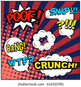 Abstract creative concept comic pop art style blank, layout template with clouds beams and isolated dots background. For sale banner, empty speech bubble set, vector illustration halftone book design