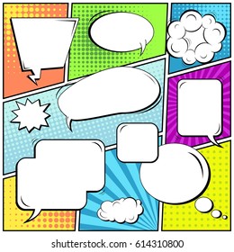 Abstract creative concept comic pop art style blank, layout template with clouds beams and isolated dots background. For sale banner, empty speech bubble set, vector illustration halftone book design