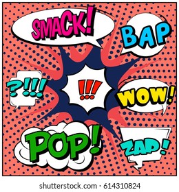 Abstract creative concept comic pop art style blank, layout template with clouds beams and isolated dots background. For sale banner, empty speech bubble set, vector illustration halftone book design