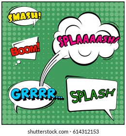 Abstract creative concept comic pop art style blank, layout template with clouds beams and isolated dots background. For sale banner, empty speech bubble set, vector illustration halftone book design