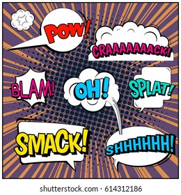 Abstract creative concept comic pop art style blank, layout template with clouds beams and isolated dots background. For sale banner, empty speech bubble set, vector illustration halftone book design