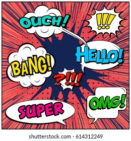 Abstract creative concept comic pop art style blank, layout template with clouds beams and isolated dots background. For sale banner, empty speech bubble set, vector illustration halftone book design