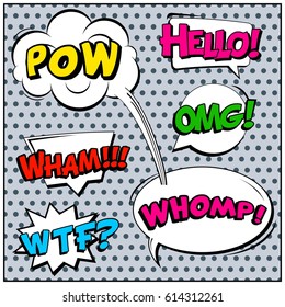 Abstract creative concept comic pop art style blank, layout template with clouds beams and isolated dots background. For sale banner, empty speech bubble set, vector illustration halftone book design