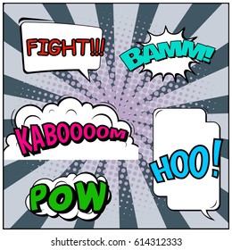 Abstract creative concept comic pop art style blank, layout template with clouds beams and isolated dots background. For sale banner, empty speech bubble set, vector illustration halftone book design