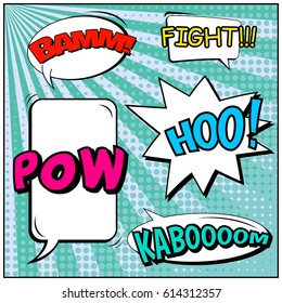 Abstract creative concept comic pop art style blank, layout template with clouds beams and isolated dots background. For sale banner, empty speech bubble set, vector illustration halftone book design