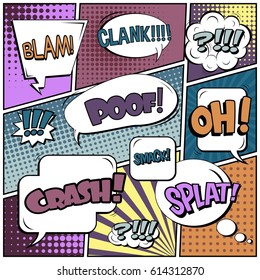 Abstract creative concept comic pop art style blank, layout template with clouds beams and isolated dots background. For sale banner, empty speech bubble set, vector illustration halftone book design