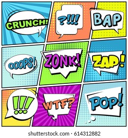 Abstract creative concept comic pop art style blank, layout template with clouds beams and isolated dots background. For sale banner, empty speech bubble set, vector illustration halftone book design