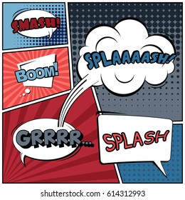 Abstract creative concept comic pop art style blank, layout template with clouds beams and isolated dots background. For sale banner, empty speech bubble set, vector illustration halftone book design
