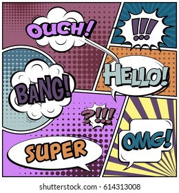 Abstract creative concept comic pop art style blank, layout template with clouds beams and isolated dots background. For sale banner, empty speech bubble set, vector illustration halftone book design