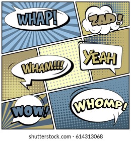 Abstract creative concept comic pop art style blank, layout template with clouds beams and isolated dots background. For sale banner, empty speech bubble set, vector illustration halftone book design