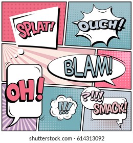 Abstract creative concept comic pop art style blank, layout template with clouds beams and isolated dots background. For sale banner, empty speech bubble set, vector illustration halftone book design