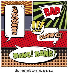 Abstract creative concept comic pop art style blank, layout template with clouds beams and isolated dots background. For sale banner, empty speech bubble set, vector illustration halftone book design