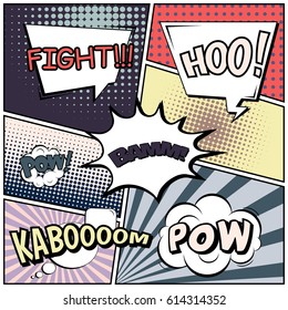 Abstract creative concept comic pop art style blank, layout template with clouds beams and isolated dots background. For sale banner, empty speech bubble set, vector illustration halftone book design