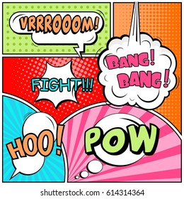 Abstract creative concept comic pop art style blank, layout template with clouds beams and isolated dots background. For sale banner, empty speech bubble set, vector illustration halftone book design